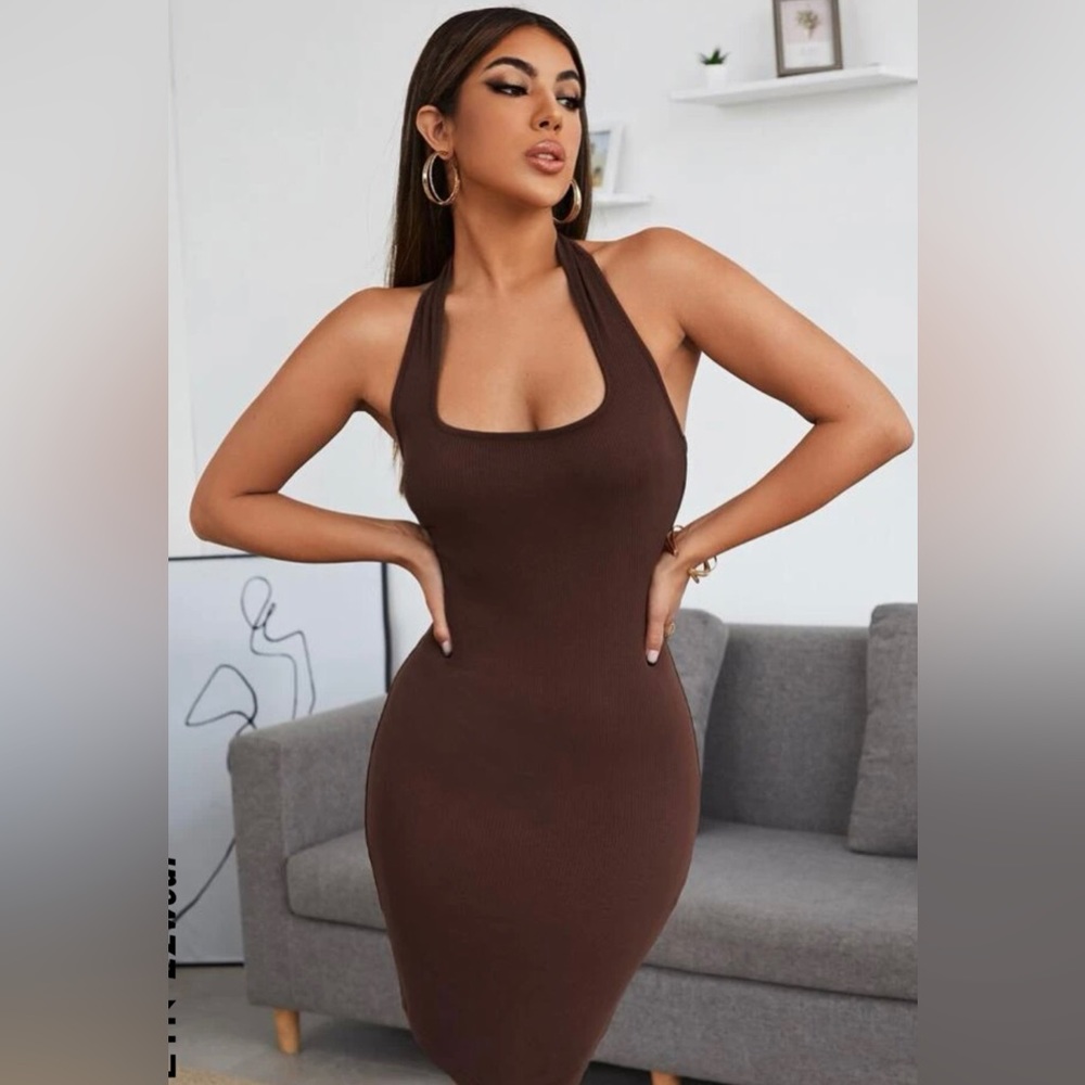 Solid Rib-knit Backless Dress